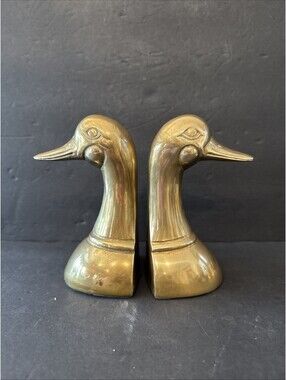 Vintage Set of 2 Solid Brass 6.5” Mallard Duck Head Bookends MCM